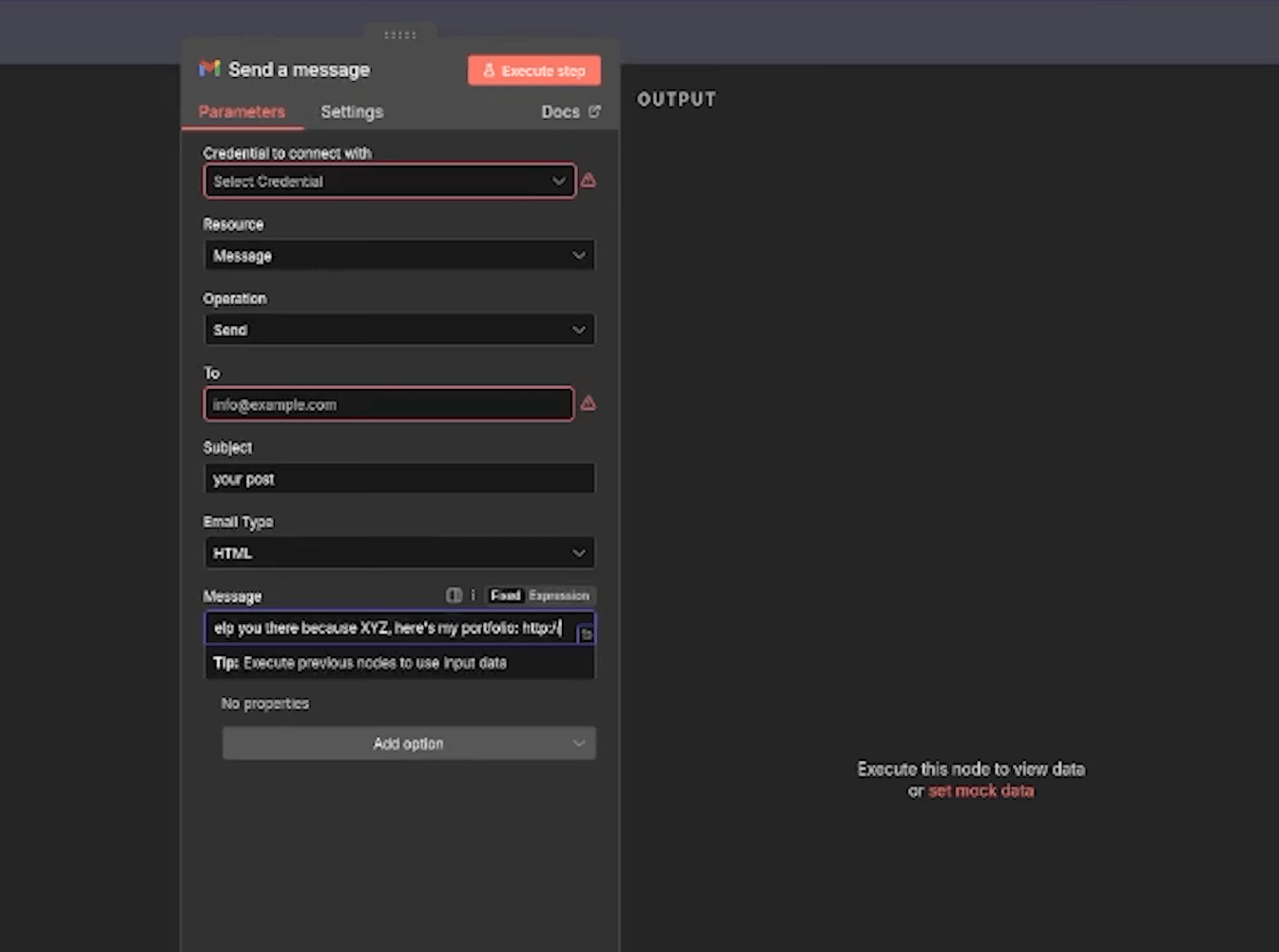 Gmail node message composed in n8n